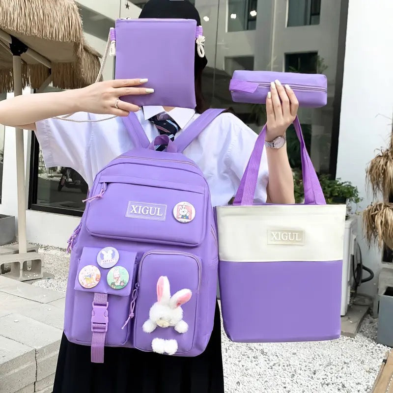 Set Of 4 Bunny Bag, Multifunctional School Bag For Girls, Large Capacity Outdoor Travel Backpack, Waterproof Outdoor Travel Bag, Canvas Laptop School Bag Sets for Kids with Tote Pencil Case, Lunch Box Bag, Back To School Supplies Canvas Bag