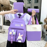Set Of 4 Bunny Bag, Multifunctional School Bag For Girls, Large Capacity Outdoor Travel Backpack, Waterproof Outdoor Travel Bag, Canvas Laptop School Bag Sets for Kids with Tote Pencil Case, Lunch Box Bag, Back To School Supplies Canvas Bag