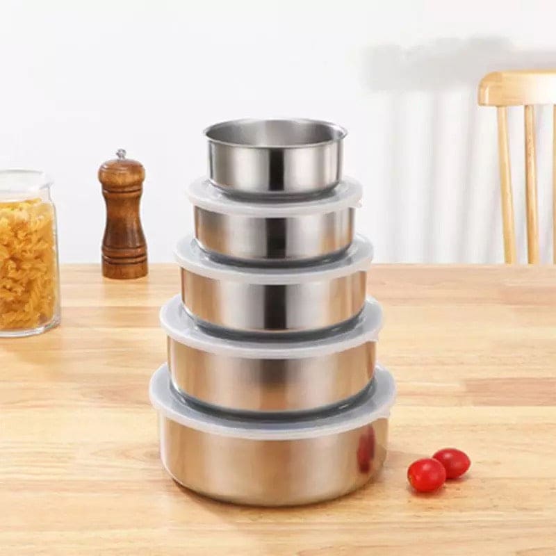 Stainless Steel Vessel With Lids, Mixing Crisper Food Container Bowls, Chef Buddy Stainless Steel Bowl Set, Classic Cuisine Metal Fresh Keeping Bowls