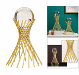 Golden Iron Crystal Ball With Geometric Metal Brass Stand, Ornament Desk Statue Sculptor Decor