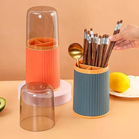 3 Grid Tableware Drying Holder With Lid, Kitchen Cutlery Storage Rack, Chopsticks Spoon Rack, Standing Plastic Storage Container