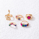 Multicolor Stone Heart Snake Ring Set For Women, Colorful Crystal Stone Snake Joint Ring Sets