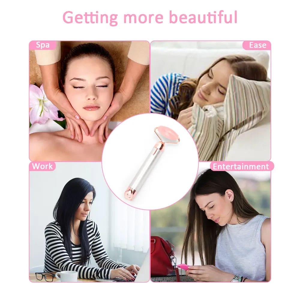 New 2 In 1 Flawless Contour, Flawless Jade Roller, Micro Vibrating Facial Roller And Massager, Automatic Facial Vibrate Face Massager, Electric Pink Rose Quartz Facial Massager, Vibrating Face Body Massage Tool, Skin Care Lift Tightening Women Beauty Bar