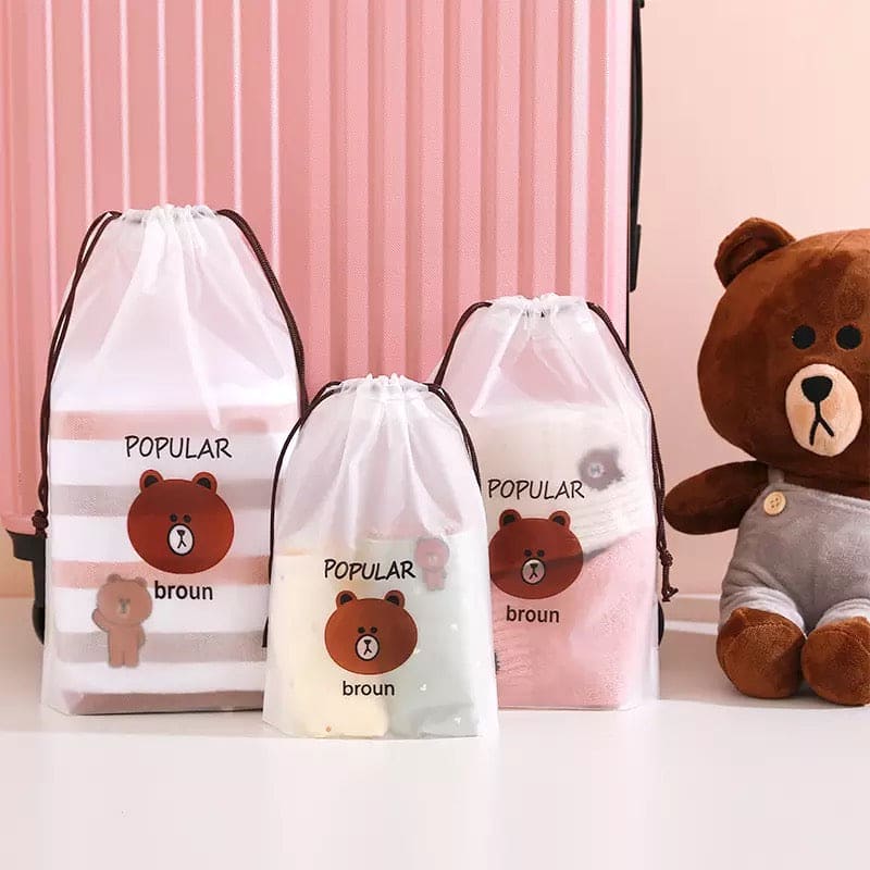 Set Of 4 Portable Waterproof Cute Bear Print Drawstring, Waterproof Travel Luggage Bag, Home Clothes Storage Bag, Shoes Organizer Pouch, Portable Cartoon Drawstring Shoe Storage, Waterproof Cosmetic Storage Bag, Transparent Clothing Drawstring Pocket