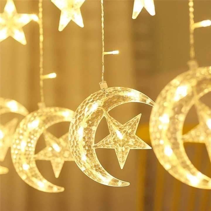 LED Star Moon Curtain Lights, Moon Star String Light with 8 Flashing Modes Decoration for Christmas, Wedding, Party, Home Decorations (Warm White)