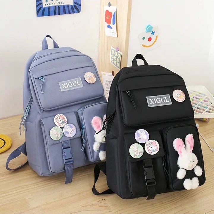 Set Of 4 Bunny Bag, Multifunctional School Bag For Girls, Large Capacity Outdoor Travel Backpack, Waterproof Outdoor Travel Bag, Canvas Laptop School Bag Sets for Kids with Tote Pencil Case, Lunch Box Bag, Back To School Supplies Canvas Bag