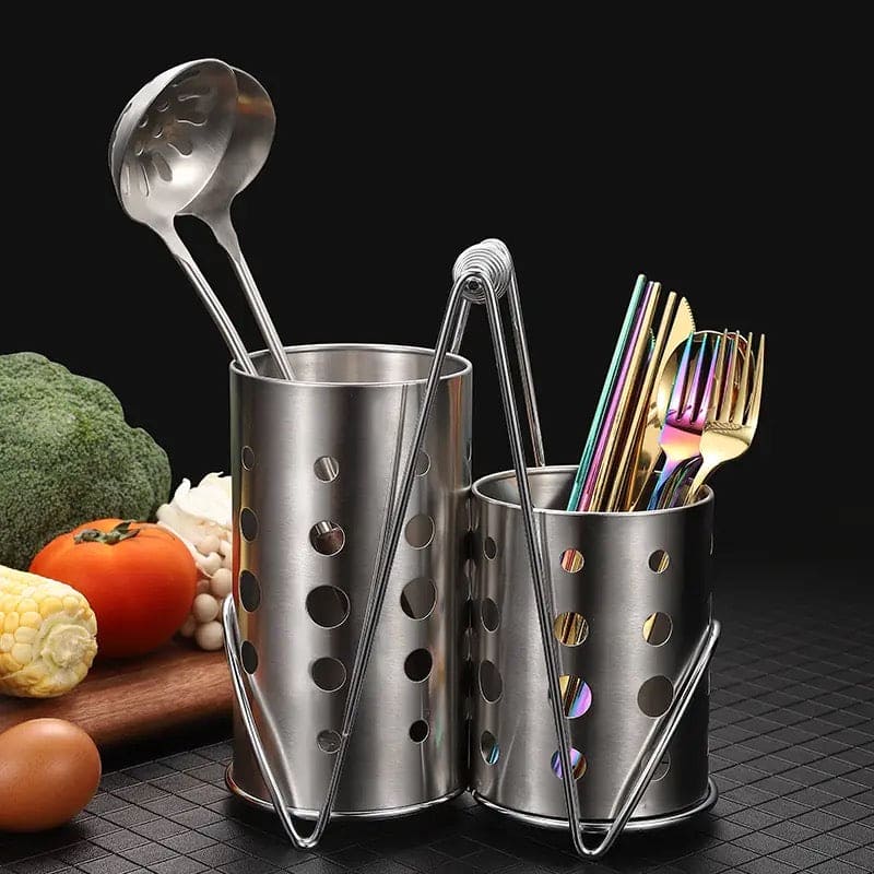Double Cutlery Drain Rack, Double Handle Chopstick Spoon Rack, Stainless Steel Kitchen Cutlery Box, Spoons Forks Knife Utensils Organizer, Kitchen Storage Tube Barrel Tableware Rack, Caddy Cutlery Utensil Holder