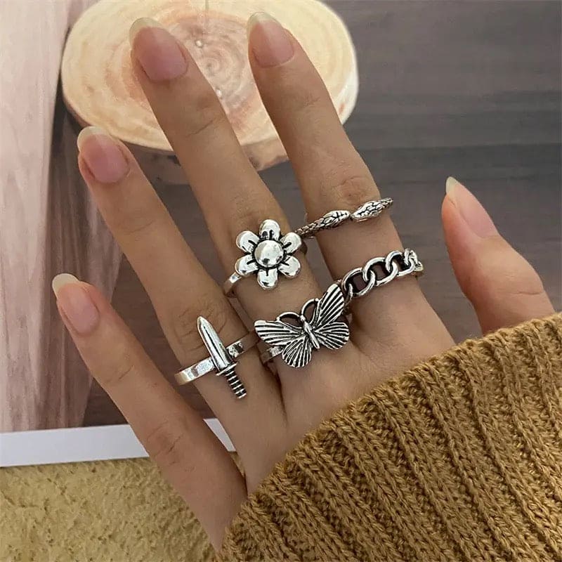 Punk Butterfly Finger Ring Set, Multi Element Ring, Vintage Goth Punk Knuckle Rings Set for Women, Midi Rings For Women Fashion Jewellery