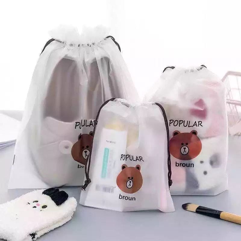 Set Of 4 Portable Waterproof Cute Bear Print Drawstring, Waterproof Travel Luggage Bag, Home Clothes Storage Bag, Shoes Organizer Pouch, Portable Cartoon Drawstring Shoe Storage, Waterproof Cosmetic Storage Bag, Transparent Clothing Drawstring Pocket