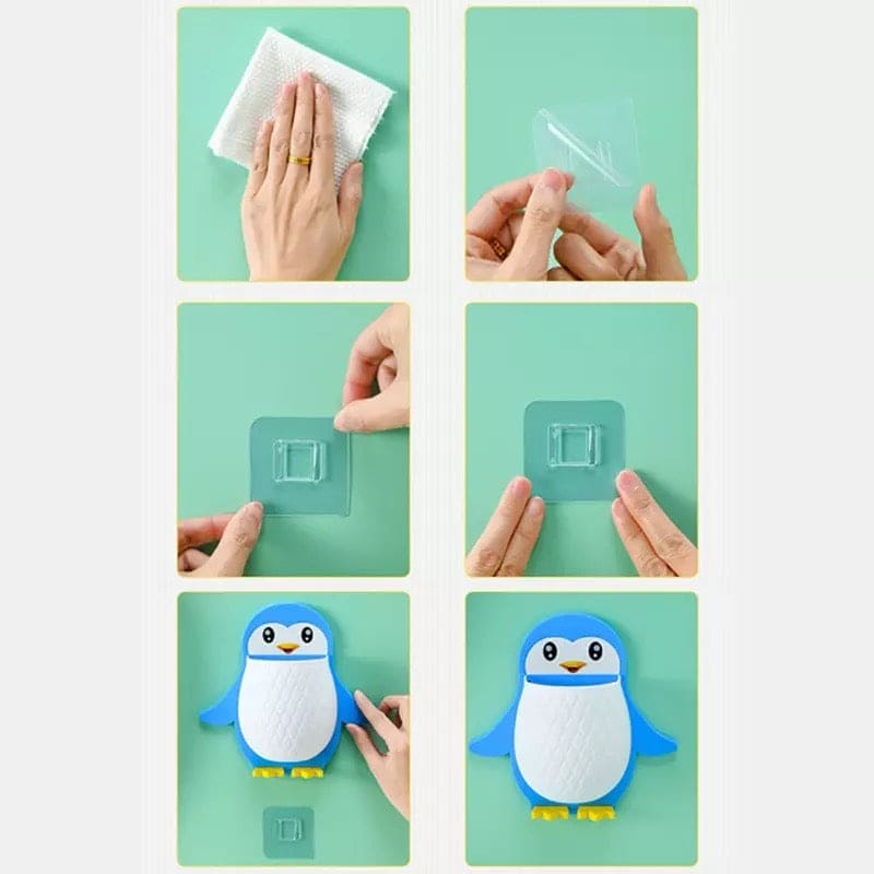 Cartoon Penguin Storage Holder, Cartoon Penguin Corn Storage Holder Wall Mount Toothbrush Organizer, Home Bedroom Kitchen Bathroom Multifunctional Holders
