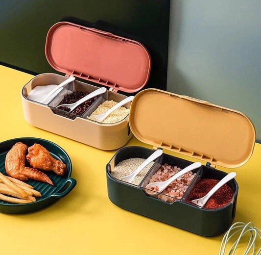 Nordic Style Seasoning Organizer, 3 Compartment Spice Box, Plastic Spice Container With Spoon