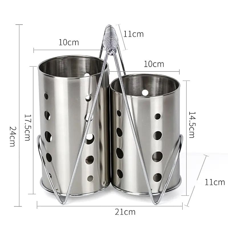 Double Cutlery Drain Rack, Double Handle Chopstick Spoon Rack, Stainless Steel Kitchen Cutlery Box, Spoons Forks Knife Utensils Organizer, Kitchen Storage Tube Barrel Tableware Rack, Caddy Cutlery Utensil Holder