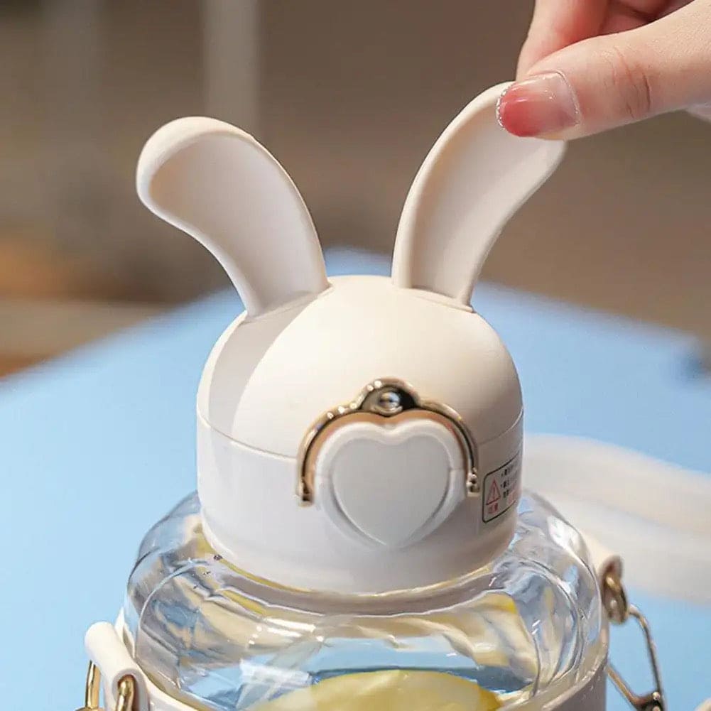 Bunny Ears Water Bottle, Bunny Kettle Straw Water Thermos, Cute Rabbit Shape Straw Bottle with Protector Case, Soft Suction Nozzle Water Cup for Kids, Plastic Water Juice Bottles, Sports Water Bottle with Leak Proof Flip Top Lid