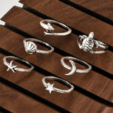 Set Of 6 Vintage Turtle Moon Stars Shell Dolphin Joint Ring, Bohemian Beach Ring Set, Fashion Wave Shell Fishtail Irregular Rings for Women, Geometric Knuckle Rings Set, Creative Ocean Jewellery