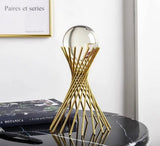 Golden Iron Crystal Ball With Geometric Metal Brass Stand, Ornament Desk Statue Sculptor Decor