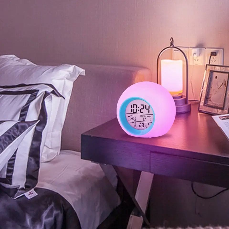 Cute Kids Digital Alarm Clock, 7 Color Alarm Clock, Cute Wake Up Timer Alarm Clock, Touch Control Digital Clock,  Colors Change Night Glowing Digital Alarm Clock, Natural Sounds Table Watch, Round Snooze Led Alarm Clock