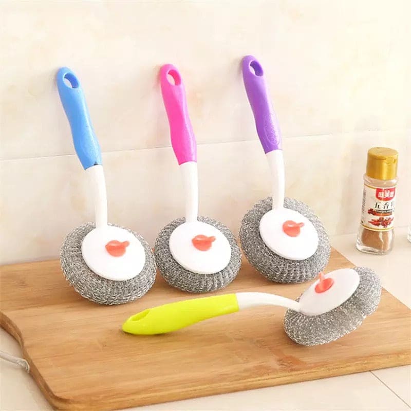 Splicing Wire Ball Scrubs Brush, Long Handle Removable Replacement Brush, Utility Stainless Steel Wire Ball Brush, Durable Cleaning Brush, Dish Bowl Washing Kitchen Gadget, Nano Steel Ball Cleaning Scrubber