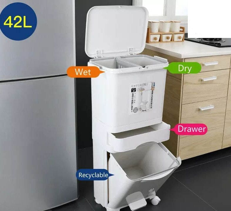 3 Layer Trash Bin, Kitchen Gargabe Can, Recyclable Vertical Trash Cabinet,  Household Waste Bin With Wheels, Large Plastic Cube Storage Bins Basket With Lid, Household Classification Bucket, 42L Three-layer Kitchen Separation Trash Can