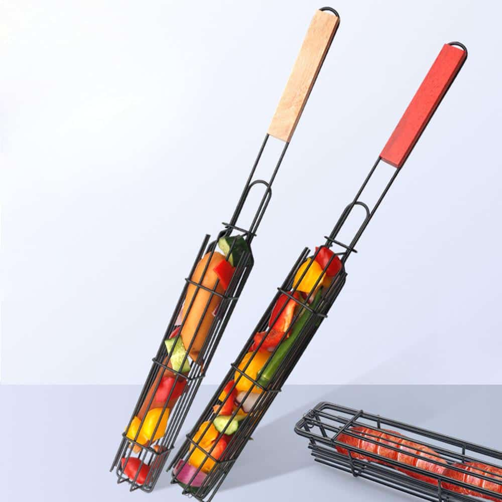 Portable BBQ Grilling Basket, Stainless Steel Nonstick Barbecue Grill Basket, Wooden Handle Barbecue Grill Basket, Barbecue Grill Mesh Rack, Coating Clamp Holder, Barbecue Picnic Camping Tools, Reusable Anti Corrosion Wooden Handle Barbecue Tool