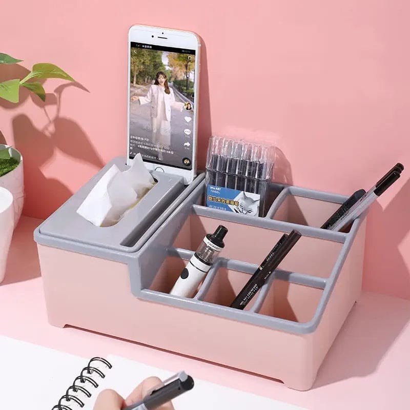 Desktop Plastic Napkin Holder, Multifunctional Tissue Storage Box Cover, Stationery Make Up Organizer for Bedroom Bathroom, Multifunctional Tissue Box Phone Holder Stand,  Wipes Case Desk Organizer