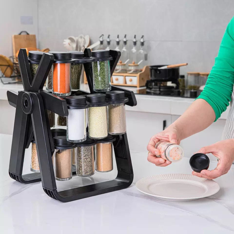 18 Pcs Spice Jar Set. Multifunctional Rotatory Seasoning Rack, Seasoning Bottle Holder, Ferris Wheel Spice Shelves, Rotating Glass Seasoning Rack, Revolving Countertop Spice Organizer, Kitchen 360 Rotating Spice Rack