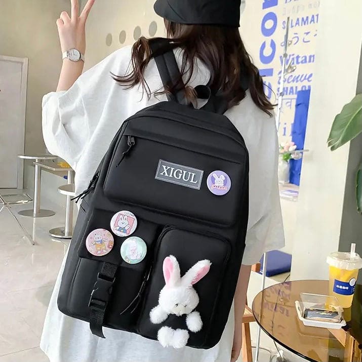 Set Of 4 Bunny Bag, Multifunctional School Bag For Girls, Large Capacity Outdoor Travel Backpack, Waterproof Outdoor Travel Bag, Canvas Laptop School Bag Sets for Kids with Tote Pencil Case, Lunch Box Bag, Back To School Supplies Canvas Bag