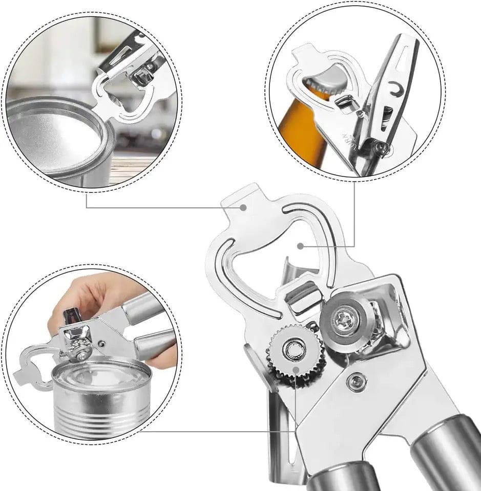 3 In 1 Manual Can Opener, Stainless Steel Heavy Duty Can Opener, Multifunctional Jar Opener, Portable Kitchen Tool, Professional Effortless Openers with Turn Knob Bar