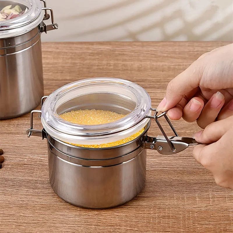 Set Of 4 Stainless Steel Airtight Sealed Canister, Coffee Flour Sugar Tea Container, Kitchen Container Seal Storage Jars With Plastic Cover, Miscellaneous Grain Food Storage Containers, Metal Sealed Can, Tea Leaf Organizer, Kitchen Accessories