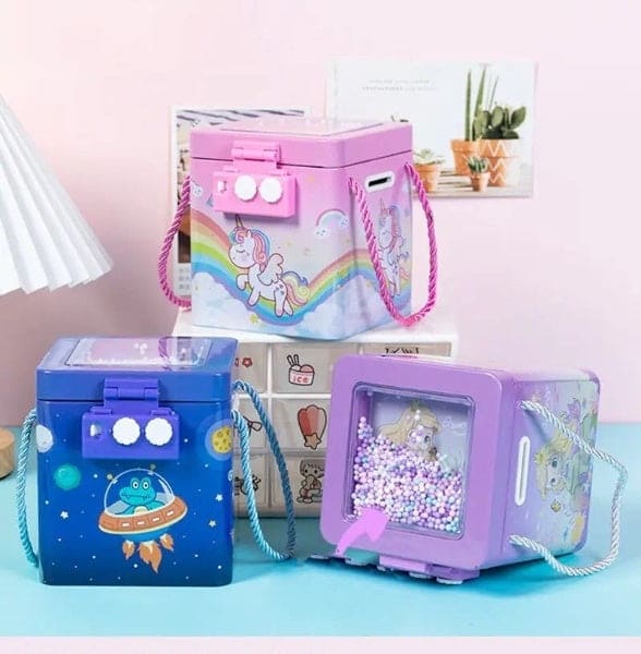 Cute Tinplate Square Piggy Bank, New Unicorn Tinplate Hand Rope Square Password Lock Piggy Bank, Piggy Bank Children Banks Cash Box Lock, Metal Piggy Bank with Password Number Lock, Metal Money Bank for Kids
