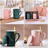Heart Pattern Ceramic Mug Set, Love Sign Ceramic Couple Mug Set, Love Heart Mug, Couple Cup Ceramic Mugs, Creative Mug With Lid And Spoon, Luxury Marble Ceramic Coffee Cups