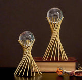Golden Iron Crystal Ball With Geometric Metal Brass Stand, Ornament Desk Statue Sculptor Decor