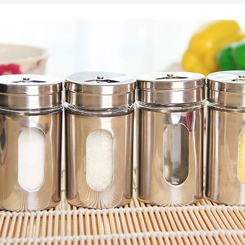 Set Of 2 Stainless Steel Pepper Salt And Spice Shaker Seasoning Jars, Cap Sealed Cruet Condiment Seasoning Jars, Glass Jars For Spices, Stainless Steel Barbecue Seasoning Bottle, Sugar Salt Pepper Shaker, Stainless Steel  Coffee Sugar Storage Jars Pots