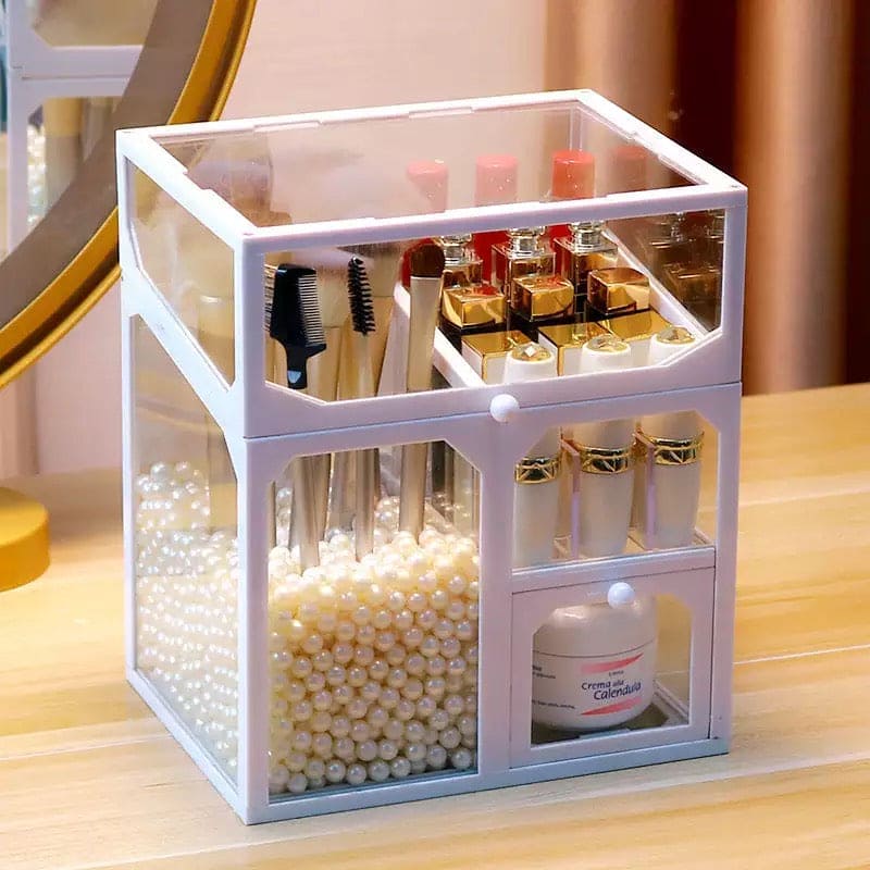 Acrylic Multifunctional Glass Cosmetic Organizer, Makeup Brush Storage Holders Box, Lipstick Eyeline Pencil Holder Beauty Supplies, Vintage Brass Edge Makeup Brush Holder