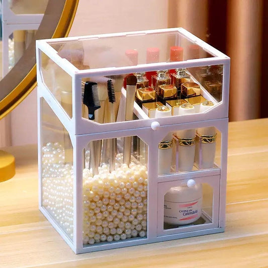 Acrylic Multifunctional Glass Cosmetic Organizer, Makeup Brush Storage Holders Box, Lipstick Eyeline Pencil Holder Beauty Supplies, Vintage Brass Edge Makeup Brush Holder