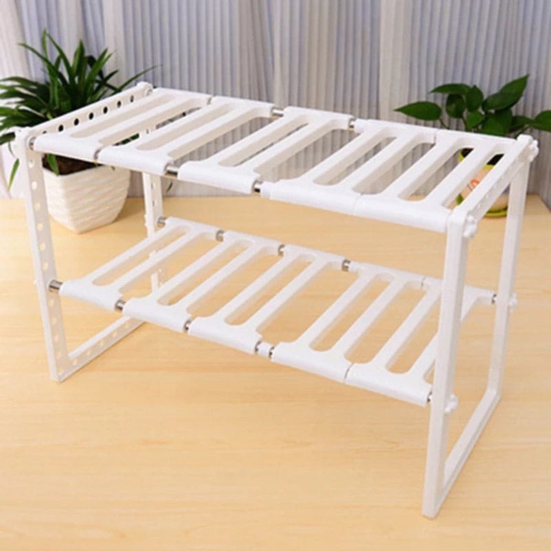 Double Layer Metal Adjustable Under Sink Shelf, Multifunction Utensils Holder, Kitchen Stainless Steel Floor Type Adjustable Rack, 2 Layer Extendable Dishes Storage Under Sink Rack