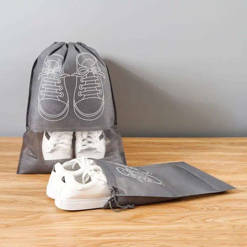 Set Of 5 Travel Shoe Pouch, Grey Non Woven Fabric Dustproof Drawstring Bag, Breathable Storage Pouch With Visual Window, Portable Shoe Organizer Drawstring Bag