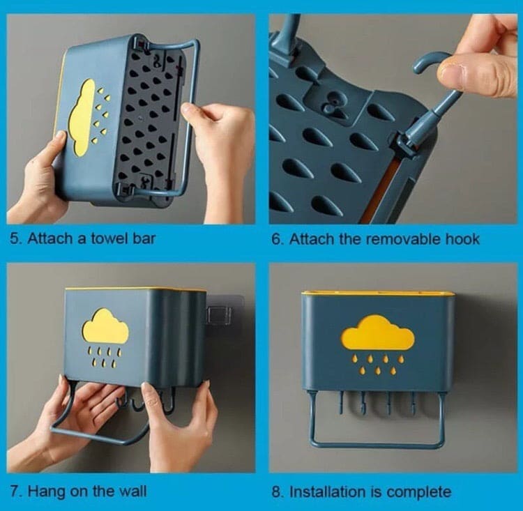 Wall Mounted Cloud Drain Rack, 2 Divided Compartments for Storage Forks, Utensils Holder Drainer Basket With Detachable Rag Rod