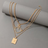 Three Chain Long Necklace, Heart Charms Long Chain Necklace, Multilayer Cute Pink Crystal Heart Charms Metal Long Necklace