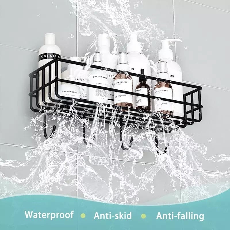 Wall Mounted Bathroom Hanging Shelf, Iron Shampoo Holder, Wall Mounted Floating Rack With Hooks, Bathroom Shower Storage Rack