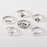 Set Of 6 Vintage Turtle Moon Stars Shell Dolphin Joint Ring, Bohemian Beach Ring Set, Fashion Wave Shell Fishtail Irregular Rings for Women, Geometric Knuckle Rings Set, Creative Ocean Jewellery