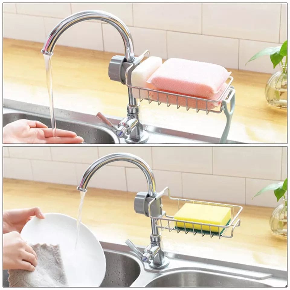 Faucet Drain Rack, Stainless Steel Sponge Storage Rack, Sink Item Storage Basket, Soap Holder Hanging Rack, Kitchen Storage Shelf Sponge Dish Cloth Finishing Rack