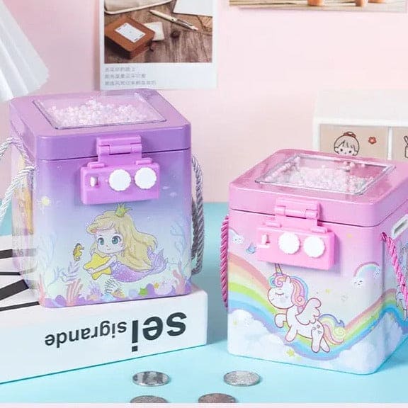 Cute Tinplate Square Piggy Bank, New Unicorn Tinplate Hand Rope Square Password Lock Piggy Bank, Piggy Bank Children Banks Cash Box Lock, Metal Piggy Bank with Password Number Lock, Metal Money Bank for Kids