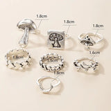 Set Of 7 Vintage Goth Mushroom Rings For Women, Mushroom Heart Leaves Rings, Stackable Finger Rings, Midi Rings For Women Fashion Jewellery
