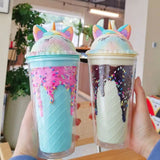 Unicorn Popsicle Cup, Double-layer Plastic Straw Mug, Lovely High Appearance Water Cup With Cover, Unicorn Sippy Coffee Cup, Portable Popsicle Cup