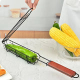Portable BBQ Grilling Basket, Stainless Steel Nonstick Barbecue Grill Basket, Wooden Handle Barbecue Grill Basket, Barbecue Grill Mesh Rack, Coating Clamp Holder, Barbecue Picnic Camping Tools, Reusable Anti Corrosion Wooden Handle Barbecue Tool