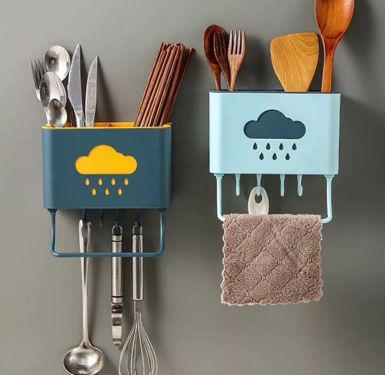Wall Mounted Cloud Drain Rack, 2 Divided Compartments for Storage Forks, Utensils Holder Drainer Basket With Detachable Rag Rod