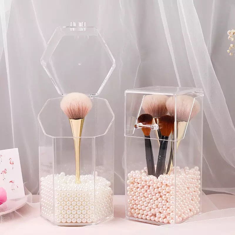 Pearl Cosmetic Brush Holder, Transparent Acrylic Cosmetic Brush Container, Brush Holder Cosmetic Brush Container Dustproof Beauty Makeup Tools Organizer, Cosmetics Brush Storage Box with Lid