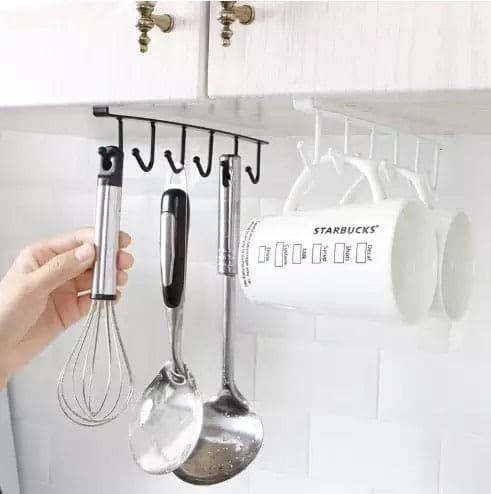 Kitchen Cabinet Hook Hanger, Kitchen Storage Cupboard Hanging Rack, 6 hooks Metal Cabinet Holder, Multifunctional Stuck Board Organizer, Under Cabinet Closet Hook Rack