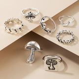 Set Of 7 Vintage Goth Mushroom Rings For Women, Mushroom Heart Leaves Rings, Stackable Finger Rings, Midi Rings For Women Fashion Jewellery