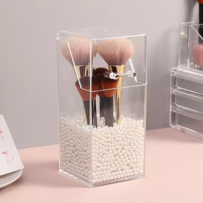Pearl Cosmetic Brush Holder, Transparent Acrylic Cosmetic Brush Container, Brush Holder Cosmetic Brush Container Dustproof Beauty Makeup Tools Organizer, Cosmetics Brush Storage Box with Lid